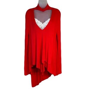 Free People Red Tunic Top XS V Cut Out Turtleneck Asymmetric Valentine Flowy‎